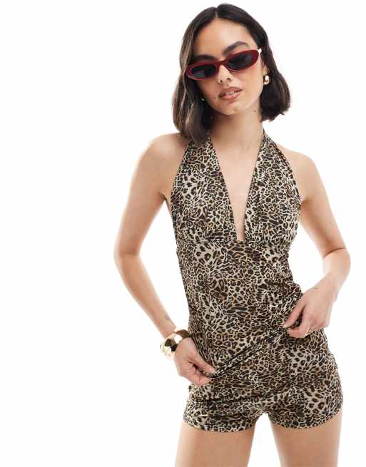 COLLUSION - Top allacciato al collo con stampa animalier e scollo profondo