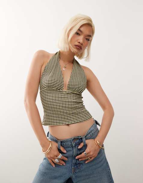 COLLUSION - Top allacciato al collo testurizzato nero e color limone a quadretti - view 1