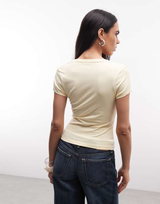 COLLUSION - Top amarillo pastel con mangas de casquillo y cuello de pico pronunciado, 4 de 4