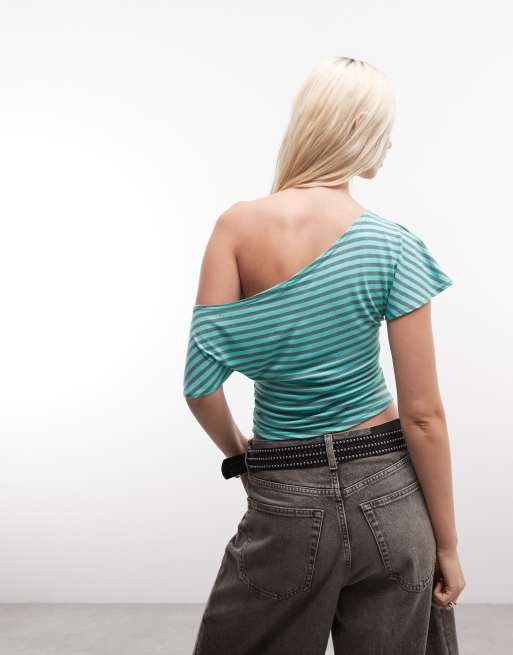 COLLUSION - Top asimmetrico drappeggiato con spalle scoperte color acqua a righe, 4 di 4
