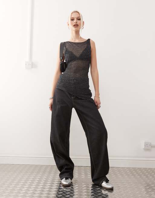 COLLUSION - Top asimmetrico in maglia color antracite scintillante, 4 di 4