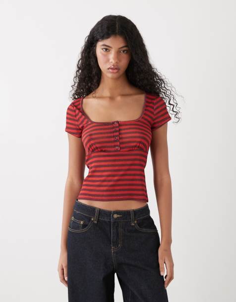 COLLUSION - Top babydoll à rayures avec col boutonné - Rouge et noir - view 1