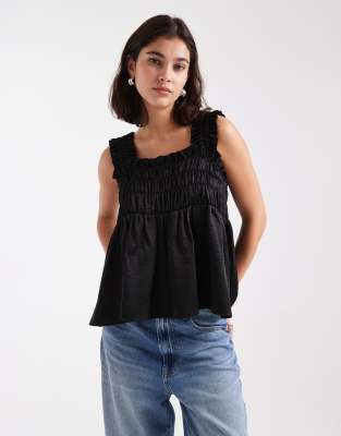 COLLUSION - Top babydoll en satin à fronces - Noir