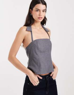 COLLUSION - Top bandeau habillé avec col style années 90 - Gris à fines rayures