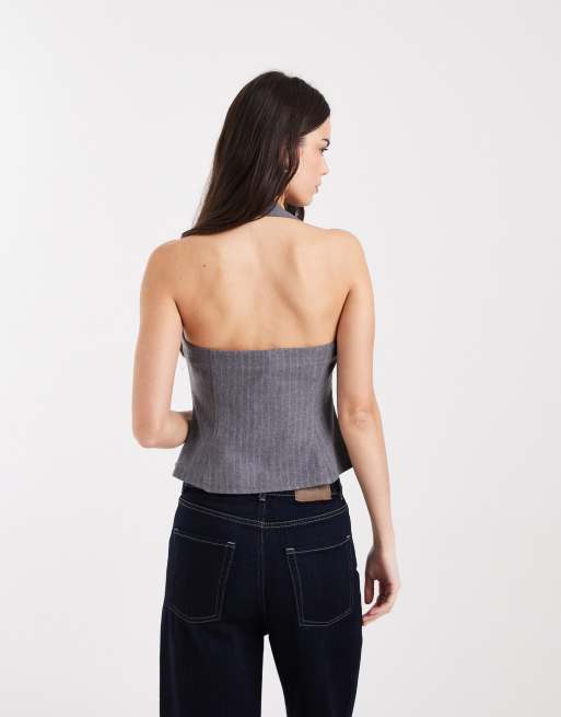 COLLUSION - Top bandeau habillé avec col style années 90 - Gris à fines rayures, 4 de 4