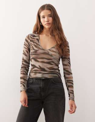 Top cache-caur en tulle imprimé tigré-Multicolore S