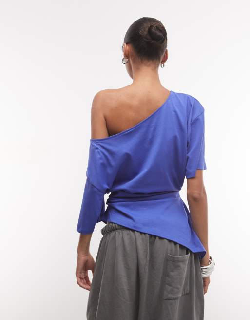 COLLUSION top con spalle scoperte e arricciature blu cobalto, 4 di 4