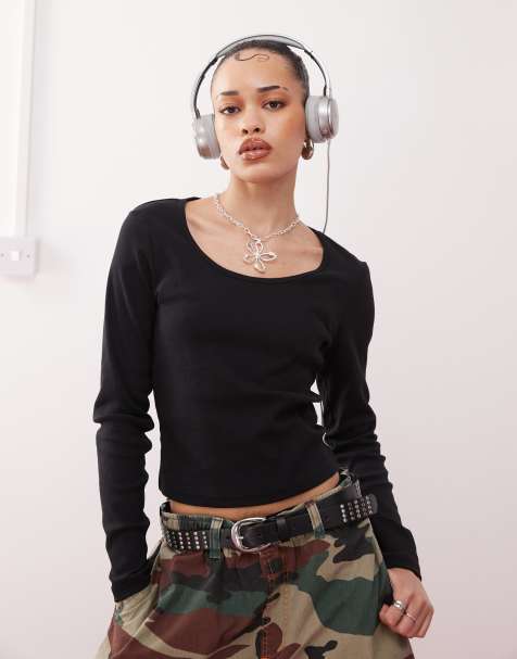 COLLUSION - Top côtelé à manches longues et encolure carrée - Noir - view 1