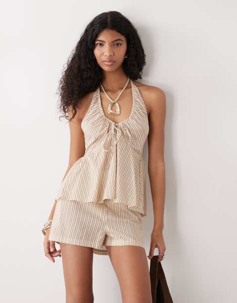 COLLUSION - Top d'ensemble de plage à rayures avec encolure américaine froncée - Neutre - view 1