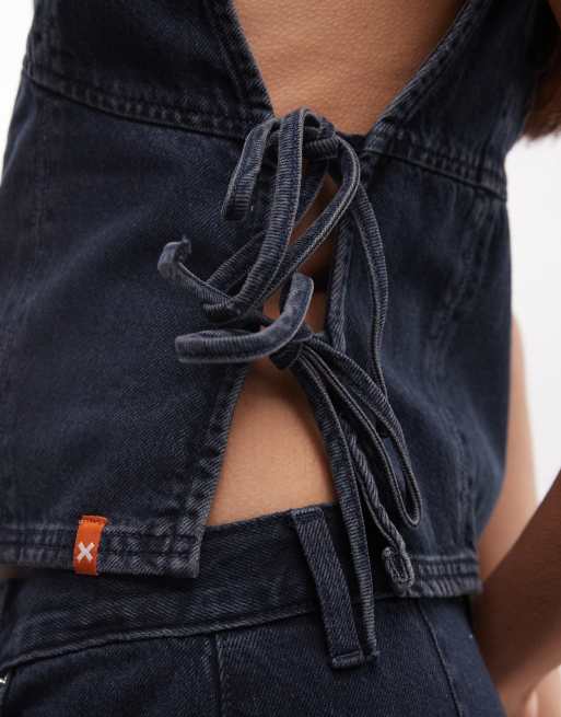 Collusion - Top d'ensemble en denim avec liens noués sur les côtés - Bleu foncé délavé grunge, 3 de 4