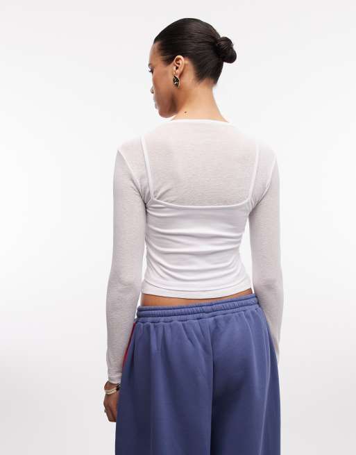 COLLUSION - Top double à manches longues en tissu transparent - Blanc, 4 de 4
