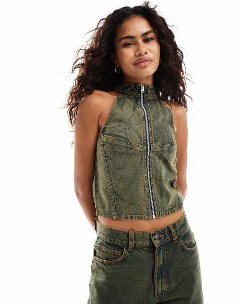 COLLUSION - Top in denim stile motocross con stampa a fiori in coordinato - view 1