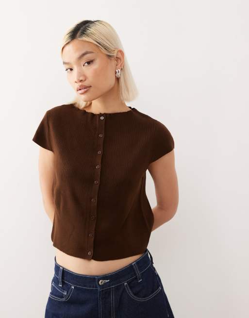 COLLUSION - Top in maglia a coste con bottoni marrone cioccolato