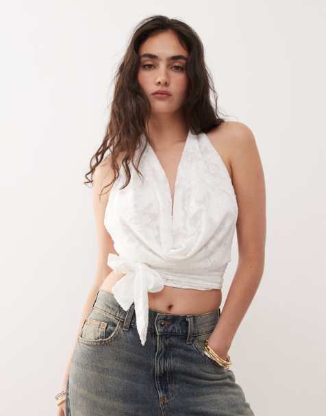 COLLUSION - Top in maglia bianco con scollo profondo - view 1