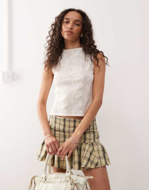 COLLUSION - Top in maglia crema con motivo e scollo a barchetta