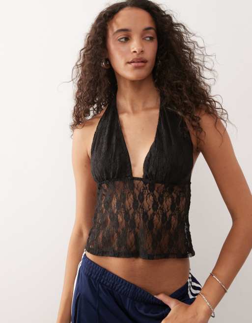 COLLUSION - Top in pizzo nero taglio lungo allacciato al collo
