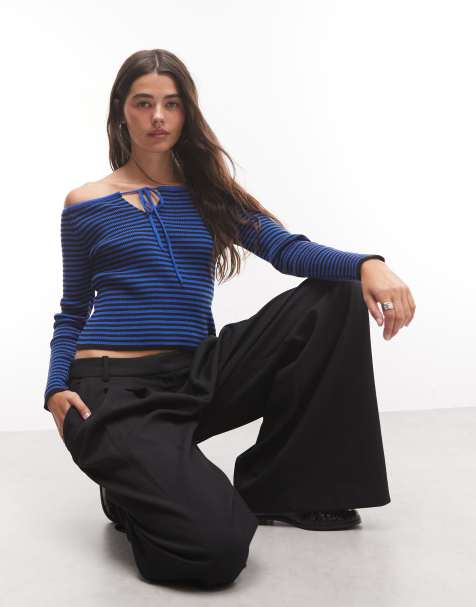 COLLUSION top lavorato a maglia a righe blu con spalle scoperte, maniche lunghe e cut-out - view 1
