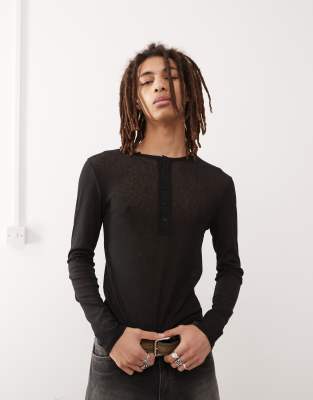 COLLUSION - Top manches longues en tulle avec col boutonné - Noir