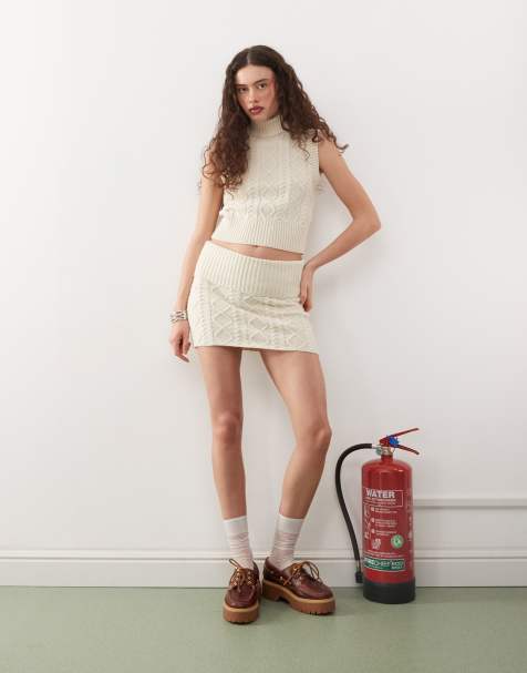 COLLUSION cable knit top co-ord in ecru
