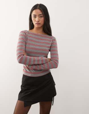 Top pailleté à rayures et encolure bateau - Rose-Multicolore M