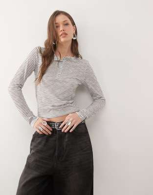 Top rayé semi-transparent à manches longues et col boutonné-Multicolore M