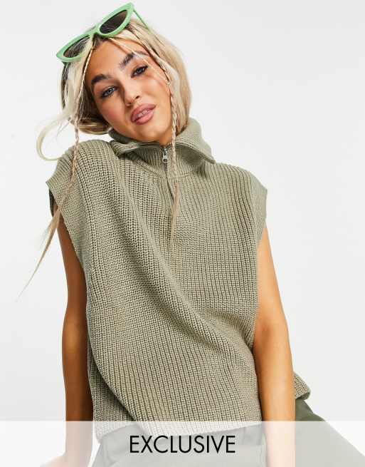 COLLUSION - Top senza maniche a coste kaki con zip