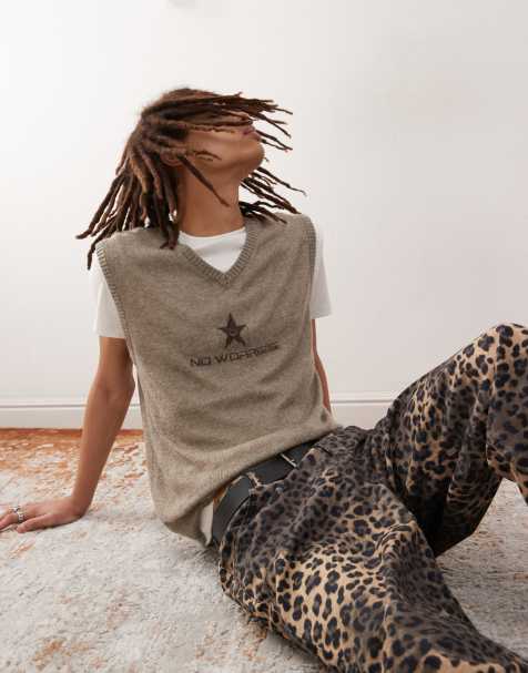 COLLUSION - Top senza maniche grigio in maglia con scollo a V e scritta - view 1