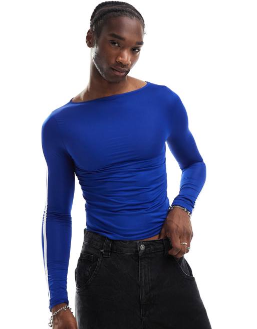COLLUSION - Top slim con scollo a barchetta blu sportivo con profili a contrasto