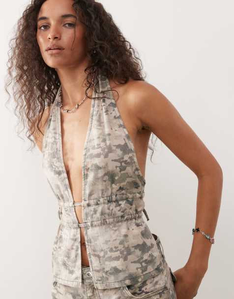 COLLUSION halter top with tie straps co-ord in camo