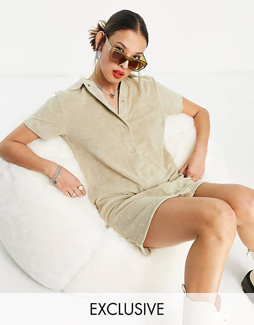 COLLUSION towelling short sleeve mini dress in neutral