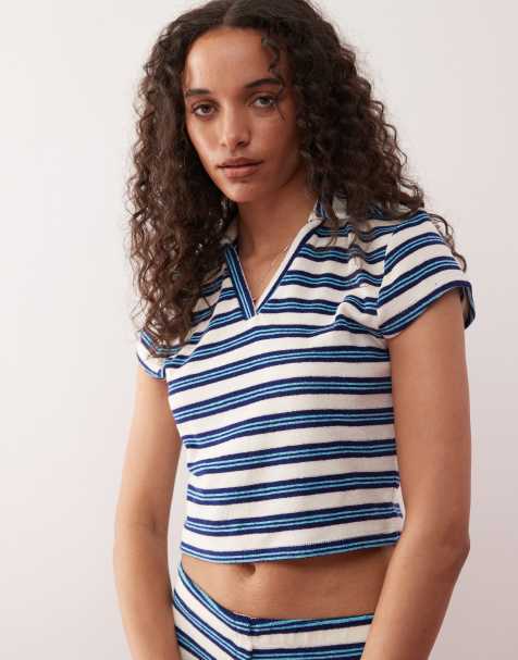 COLLUSION towelling striped polo top in blue (part of a set) - view 1