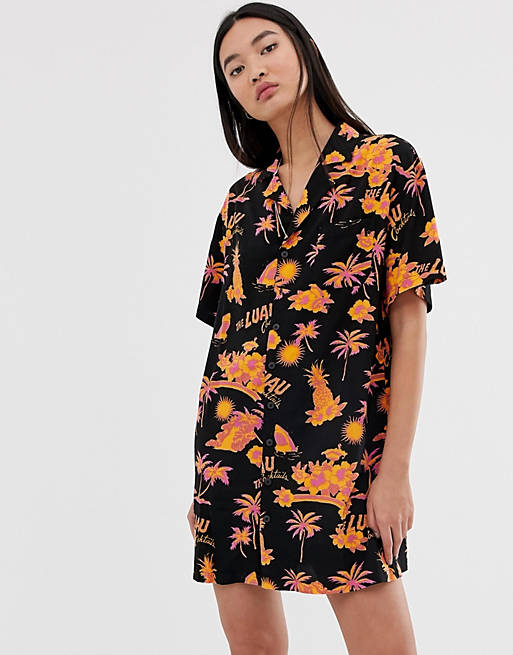 COLLUSION tropical print revere shirt dress