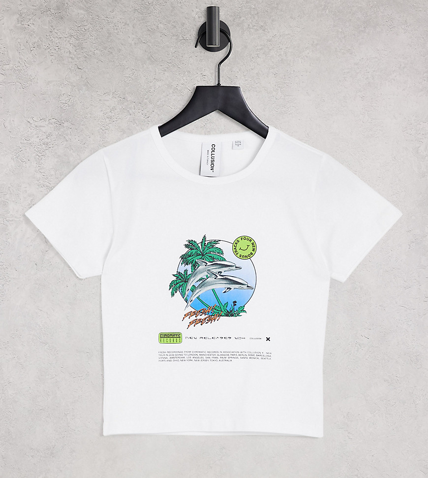 COLLUSION - Tætsiddende T-shirt med delfinprint i hvid