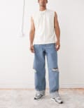 [Collusion] COLLUSION turn-up baggy jeans in mid wash-Blue W26 Mid Wash