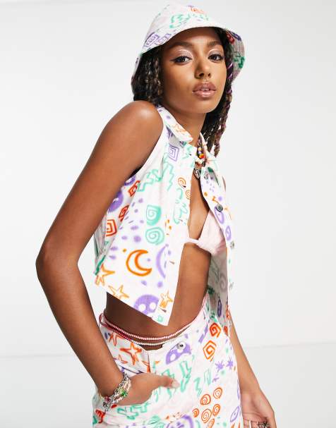 COLLUSION twill abstract print crop top in multi - view 1