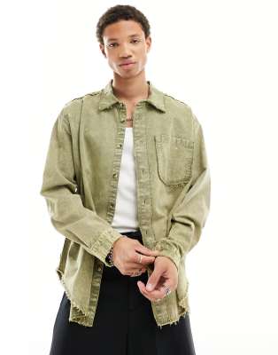 Collusion Twill Acid Wash Shirt In Khaki-green