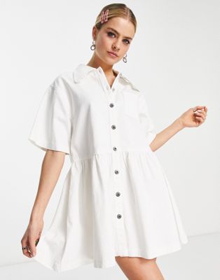 COLLUSION twill button down utility smock dress in white