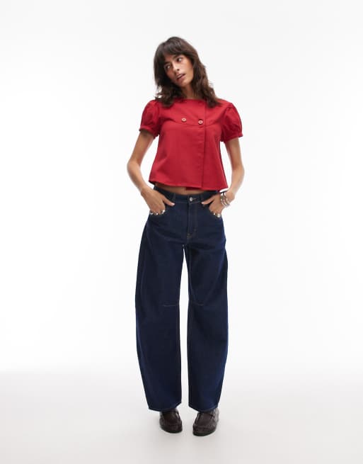 COLLUSION twill cap sleeve fitted shirt in red