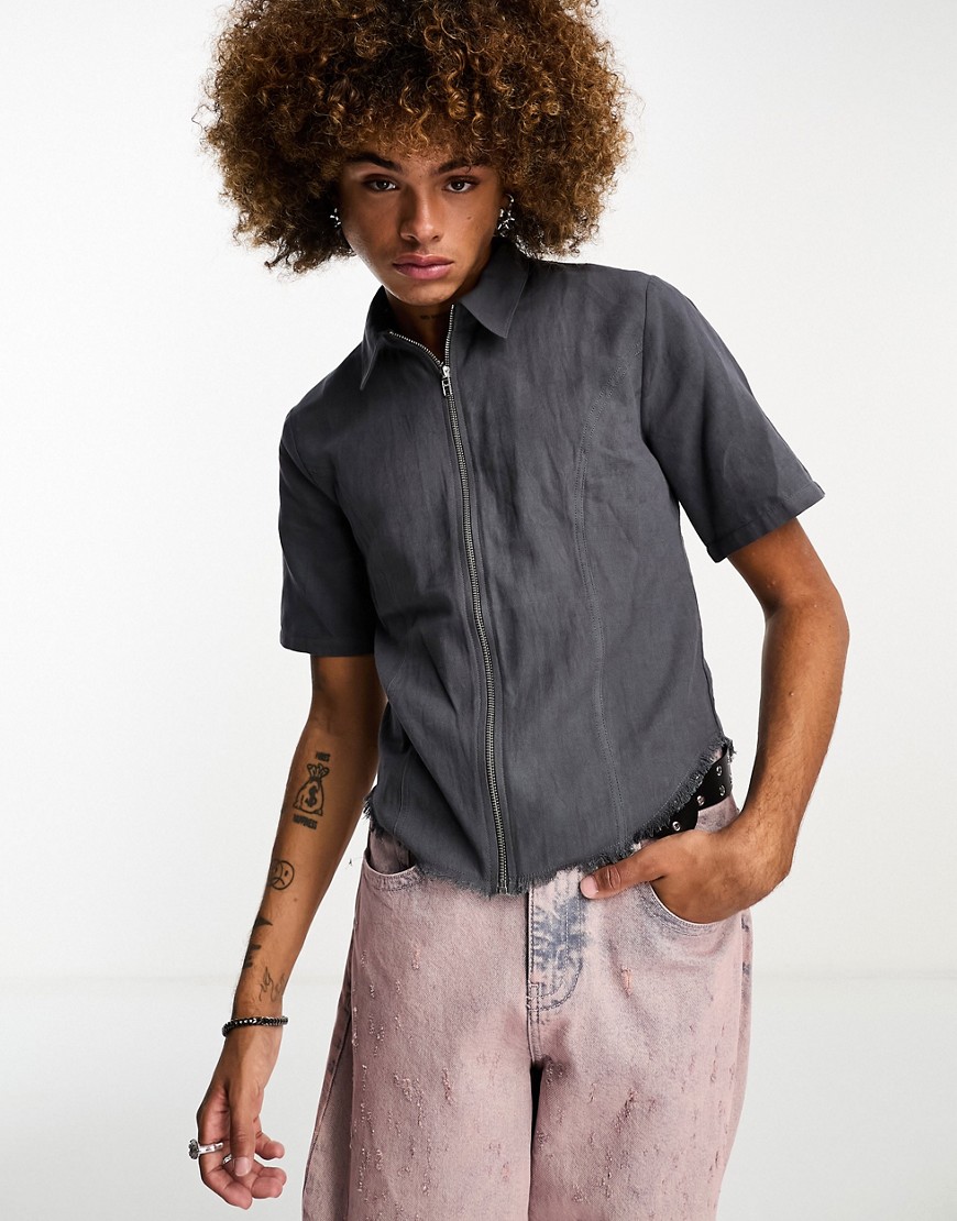 COLLUSION twill cropped shirt with zip detail in grey