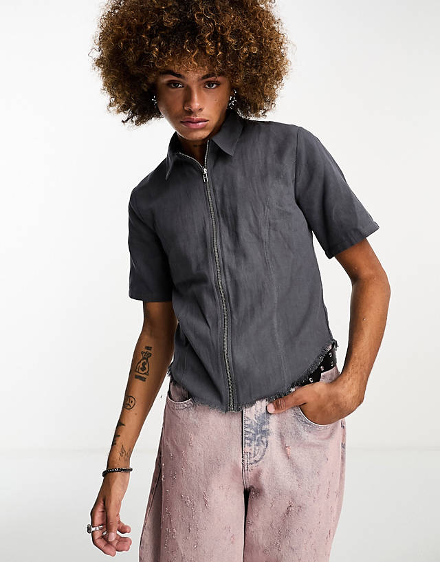 Collusion - twill cropped shirt with zip detail in grey