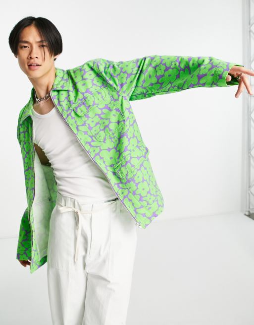 COLLUSION twill floral shacket in bright green (part of a set)