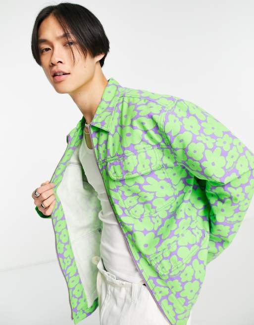 COLLUSION twill floral shacket in bright green - part of a set | ASOS