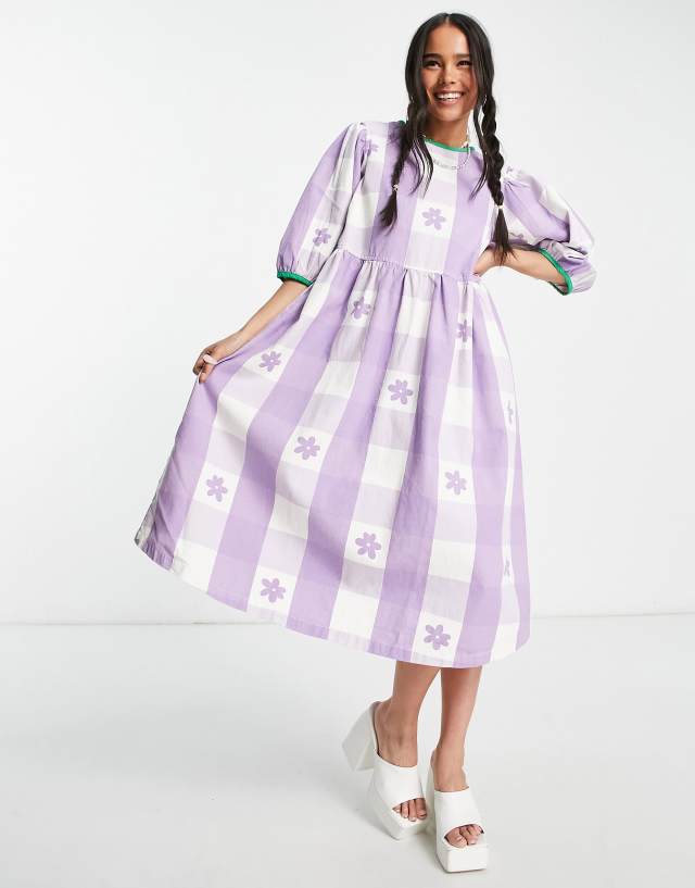 Collusion - twill gingham midi smock dress in lilac