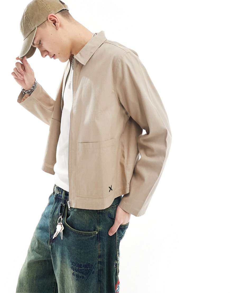 Collusion Twill Long Sleeve Boxy Shirt In Stone-neutral