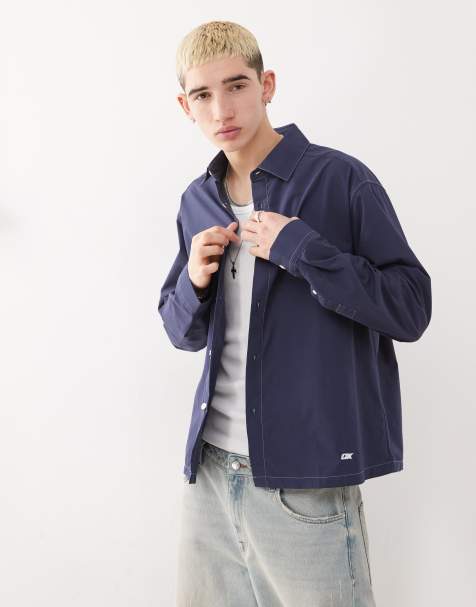COLLUSION twill long sleeve shirt with contrast stitch in navy - view 1
