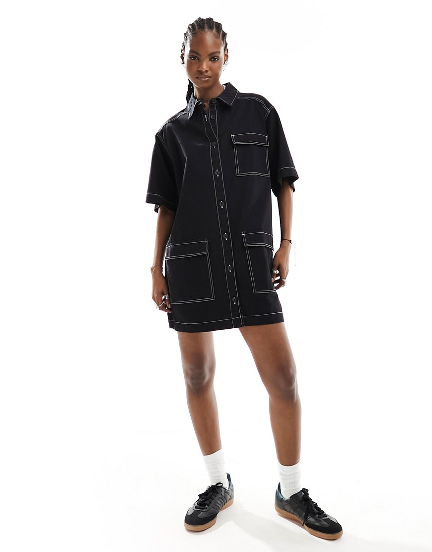 twill mini pocket shirt dress with contrast stitch detail in black