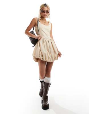 twill mini puffball dress with corset and ribbon detail in cream-White