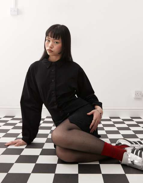 COLLUSION twill mini shirt dress with sculpted sleeve in black - view 1