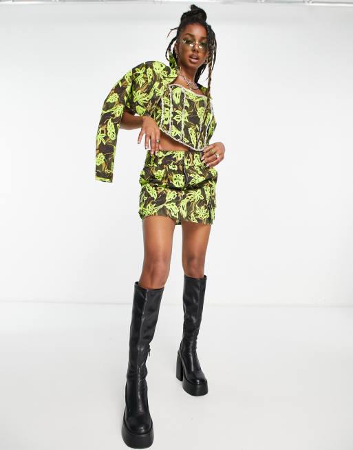 COLLUSION twill corset top, mini skirt and jacket set in floral camo