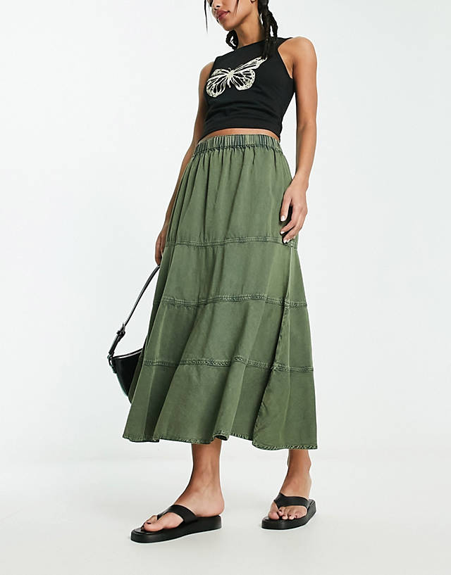 Collusion - twill panelled maxi skirt in washed khaki